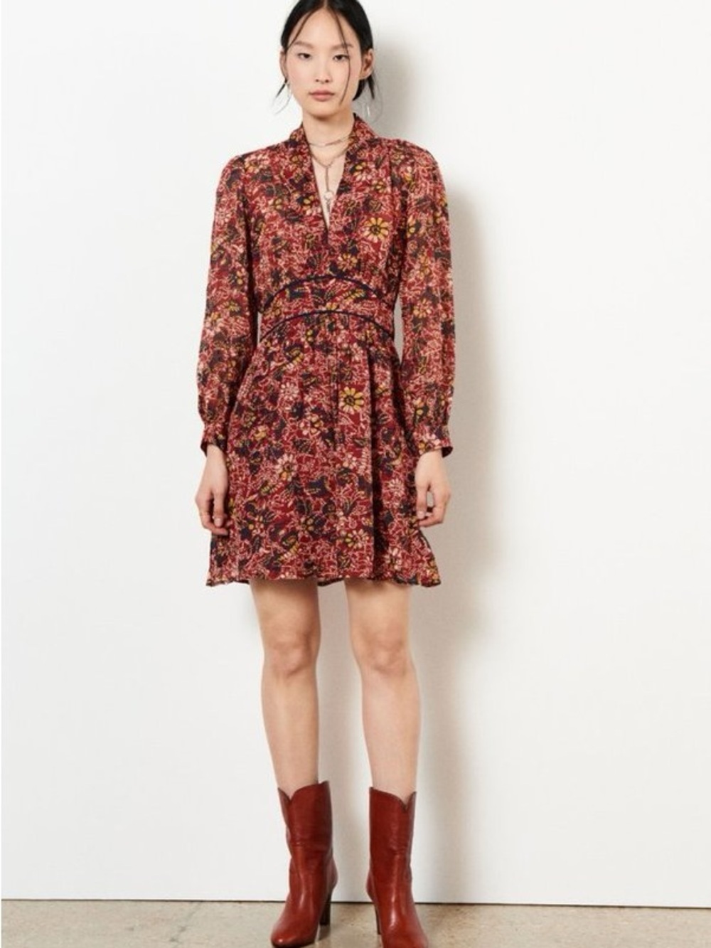 ba&sh Bordeaux Burgundy Floral Long-Sleeve V-Neck Mini Dress Size 4